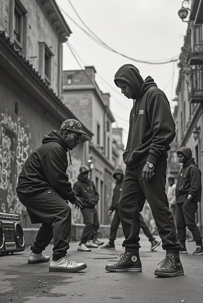3 people posing for an old picture, 2 of them are sitting and the middle one is standing at the background, they are in a street that looks abandoned, wearing vibrant colored windbreakers and white sneakers