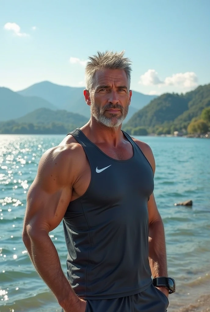 (((raw photo))),60 years old american man named alex,black hair,clean shaved,muscled,wearing white t shirt and sunglass,muscle show,detailed,realistic,muscle showing pose,beach background,side pose