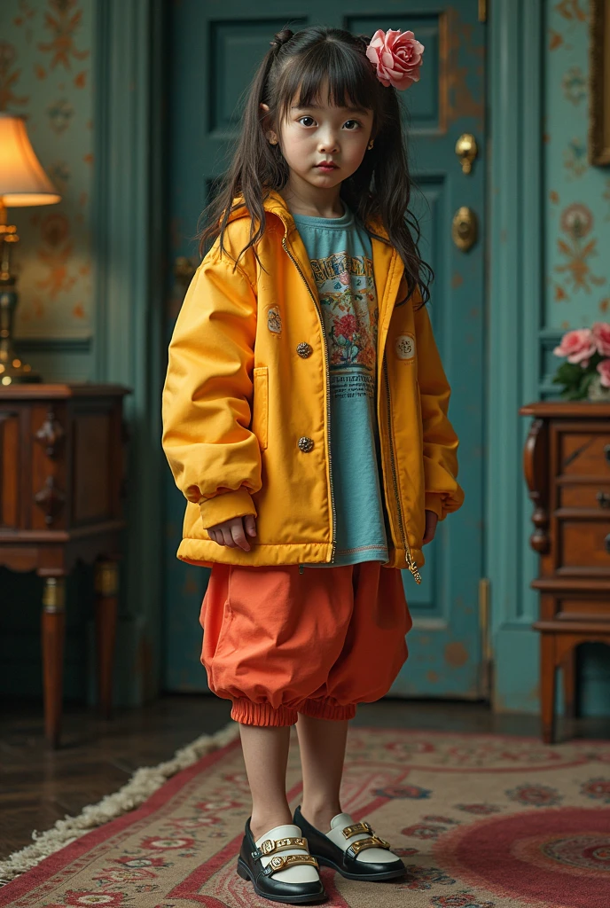 Boy with fire hair, blouse with red coat with fire on the blouse, white blouse, red clothes, white sneakers