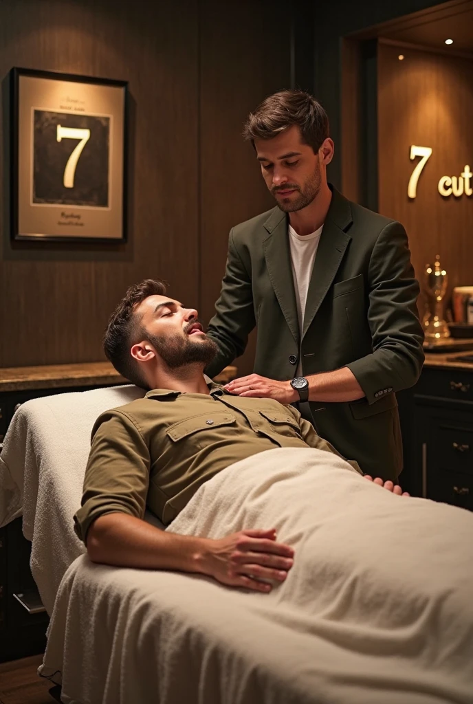 In an anatomy classroom, a puerto rican man, muscular and toned, bearded man full beard and hairy body, is lying on an examination table completely, wearing only white underwear. Bed bath. He is touched, examined, washed and soaped with water, soap and sponge attentively by a group of casually dressed students curious around, all focused on learning about the human body. The school classroom is bright.
