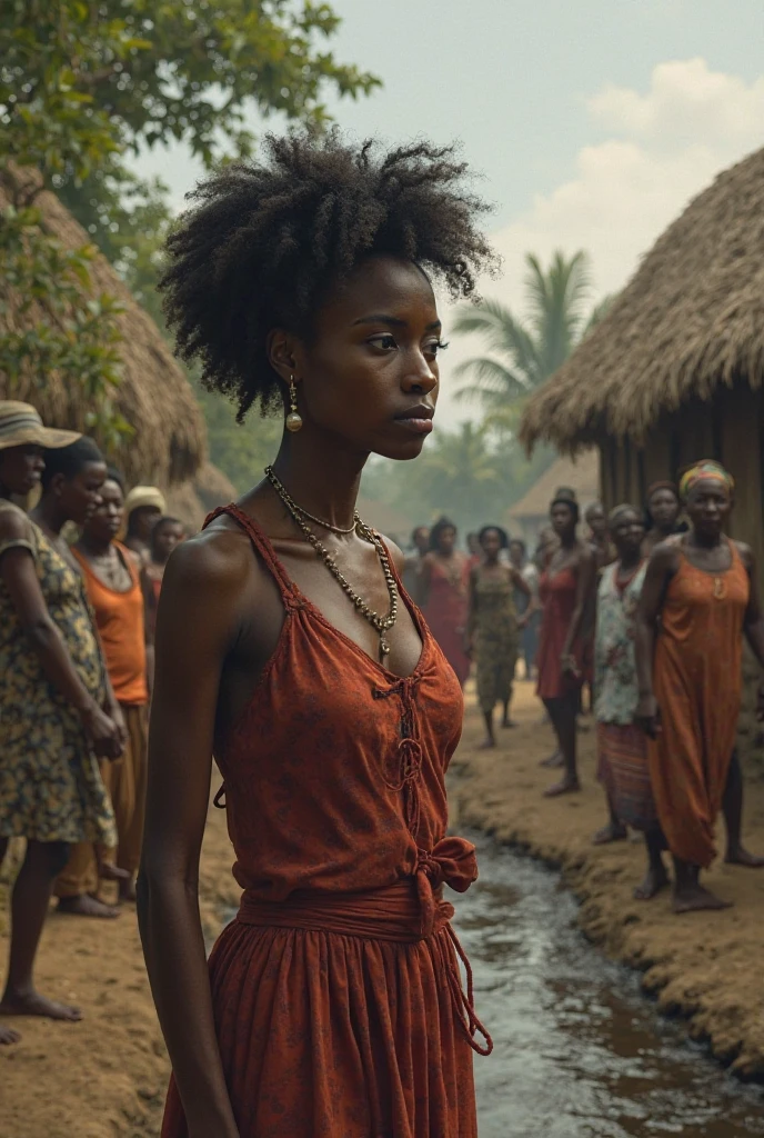 Generate an image of dark black curvy young lady Afro hair with dreams of a luxury life standing in front of a hut with people surrounding her