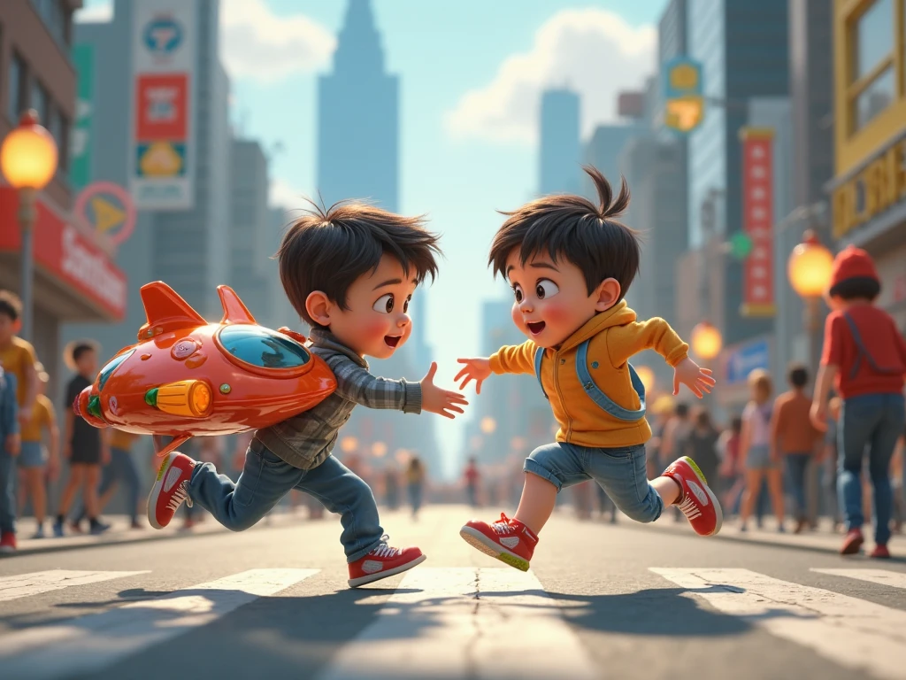 Two running boys, amusement park, holding balloons, happy, happy, perfect quality, clear focus, colorful, perfect face, intricate details 8K