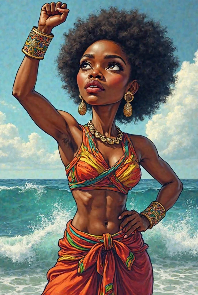 (papel de parede 8k extremamente detalhado:1.2), (melhor qualidade:1.2), (1mulher adulta), mulher negra, mulher mulata, pele escura, Bonito, foco afiado, Brasil, (subsurface scatter:1.1), fotografia premiada, (tiro de meio corpo de frente:1.1), rosto centrado, cabelo afro negro, Olhos vermelhos:1.2, alluring expression, (((( vestindo biquini sexy vermelho))), (Standing on the beach with small spiders around you:1.3), (fundo muito detalhado:1.2), dramatic lighting