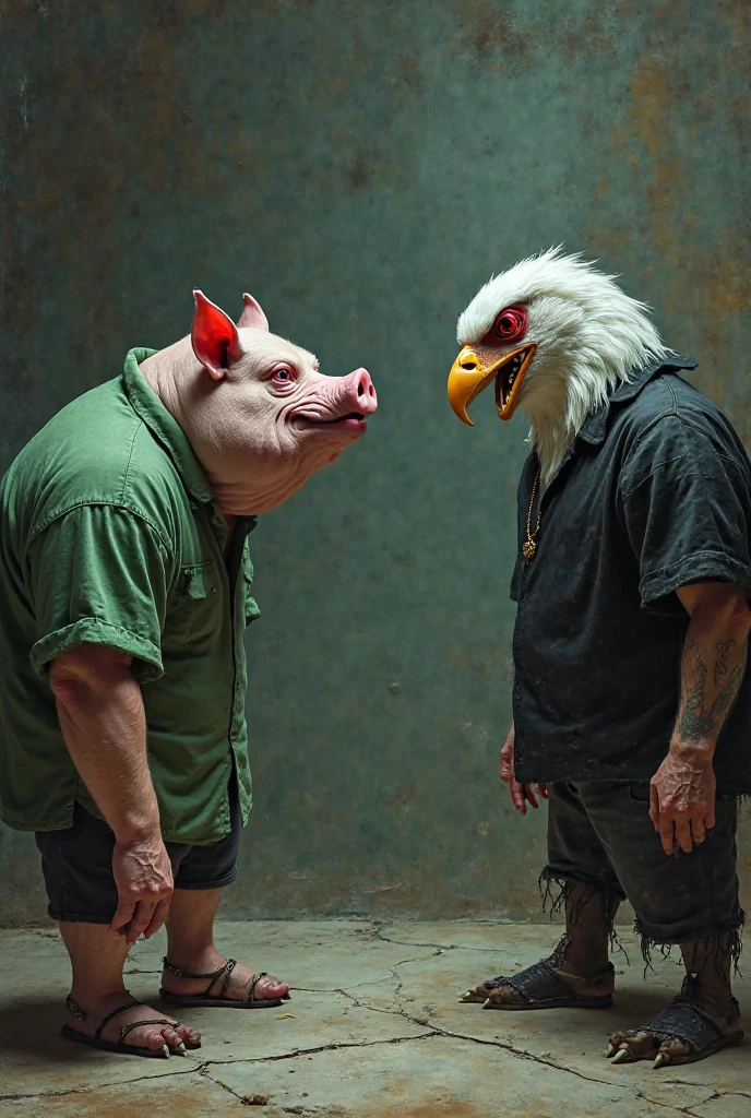 den, rooster bird, male, adult, veiny muscles, defined body, toned muscles, dark black pants, terrorist, bandit, criminal, pirate, serious look, fierce look, small eye, black feathered body, white feathers, den, pig, male, adult, veiny muscles, defined body, toned muscles, dark black pants, terrorist, bandit, criminal, pirate, serious look, fierce look, small eye, black feathered body, white feathers detailed background, wild background, clear weather, realistic, photorealistic, ultra realistic, 8k, bare chest, black nipples, tight crotch, shirtless, utility belt, shiny skin, torso tattoo, long feathers, unbuttoned black vest, in a soccer stadium