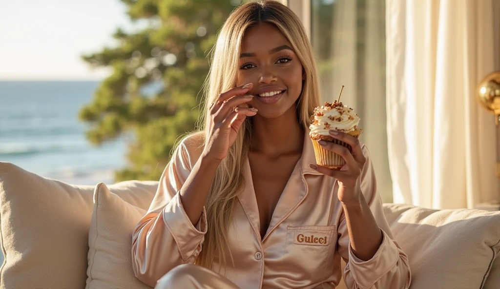 very Curly hair blond, no make up, Toffee color skin, beautiful caribean toffee mixed girl with long blond curly hair and extremely detailled clear yellow eyes , sexy curvy full body, She is sitting on a cream-colored armchair, and makes a V with her fingers of her left hand to the viewer, she holds a croissant in her right hand, She smiling, She wears a pale pink bathrobe and has her hair tied with a pale pink clip. In a nude house