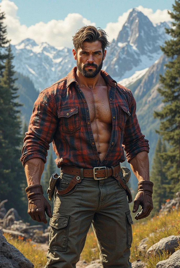 Lumberjack Man Plaid Shirt, tall, muscular and beautiful on the chest 