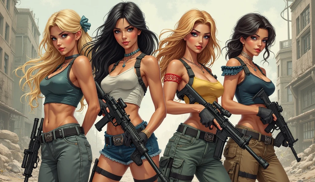 flat vector of the four horsemen of the apocalypse (sexy, busty, hot women)