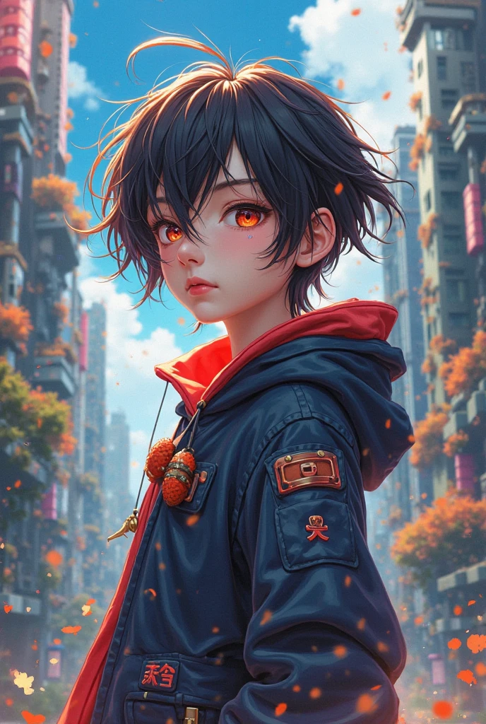 Bubble Mart，Ono，Cute 9 year old boy，frontage，False wings，Wings spread，white  clothes，red tinted hair，largeeyes，adolable，9 years old boy，male people，Carry false wings，BackgroundClean background，Between mountains and wilderness，Skysky，baiyun，highly accurate，Particle，Ambient，best qualityer，super-fine，Artistically，romanticism lain，hyper HD，16K Ultra HD，Beautiful digital illustration