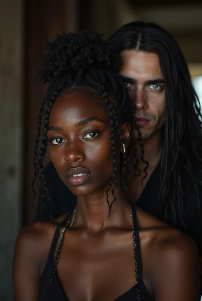 a light-skinned black woman with a strong personality and black, wavy hair with a sensitive Mexican-style body and a strong, robust man behind her, grayish whites of the eyes with vampiric aspects in Korean style