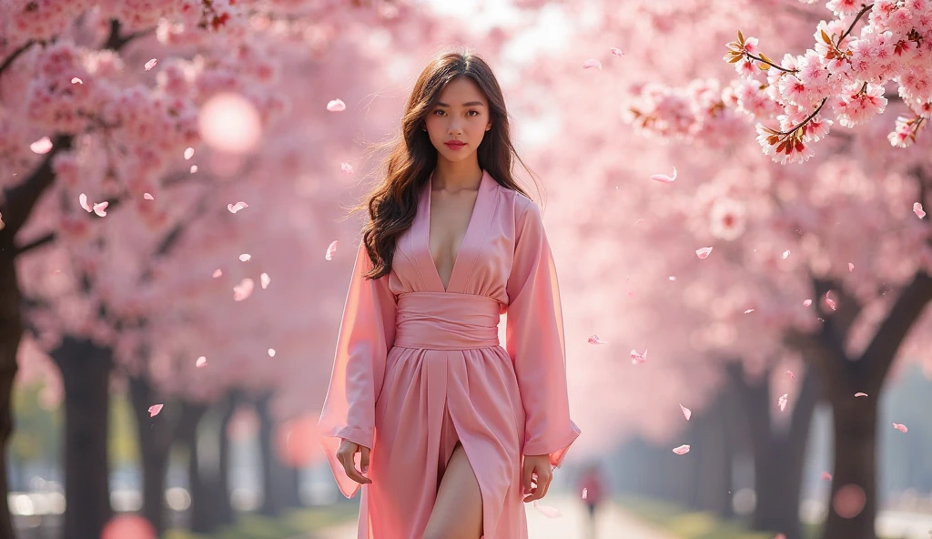 A dynamic and visually captivating rendering of a sensual lady, dressed in a pink casual outfit, posing under a blooming pink tree. The intricate details of her clothing and the surrounding scenery are beautifully captured, creating a unique and diverse image.