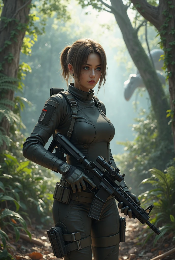 Star Wars (Lalisa Manobal, age 25, sexy combat outfit, very detailed blaster pistol) is a Rebel mercenary raiding an imperial convoy in a jungle. Action pose