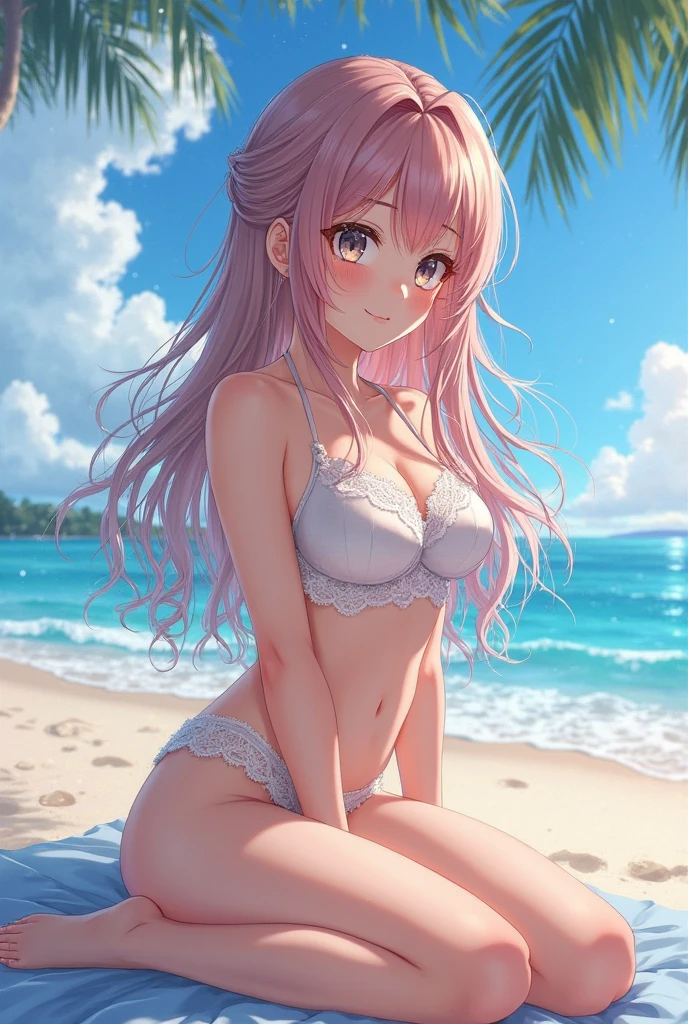 beachside,A teenage girl in a white bikini,Pink Long Hair,Gray eye,full bodyesbian