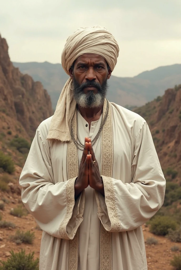 Orisha Black Man, elder, white clothes with cowries in their hands, sitting in the sand