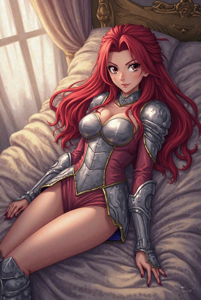 Erza Scarlett bright red hair huge breasts wide hips big ass sexy laying down pose holding swords in a bedroom