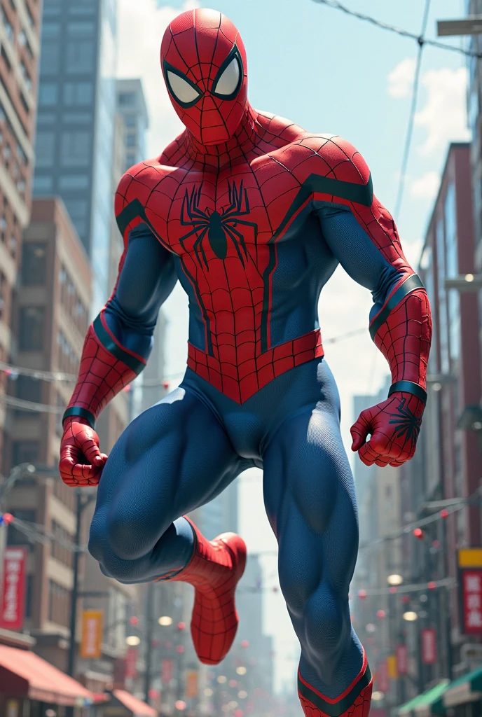 masterpiece, best quality, Spiderman, full tiny Spiderman suit, city background, (muscular:1.35), (full_body and full_leg), (male_focus), hi-tech version, SPAWN mask, Venom, Miles giant version is walking in the buildings, super huge size of spiderman,