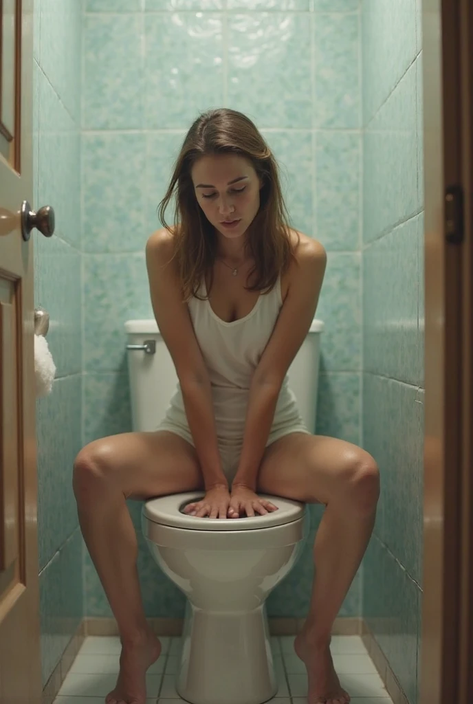 The mature Megan Boone, she sits on the standard toilet and does her big business, she urinates and defecates large amounts