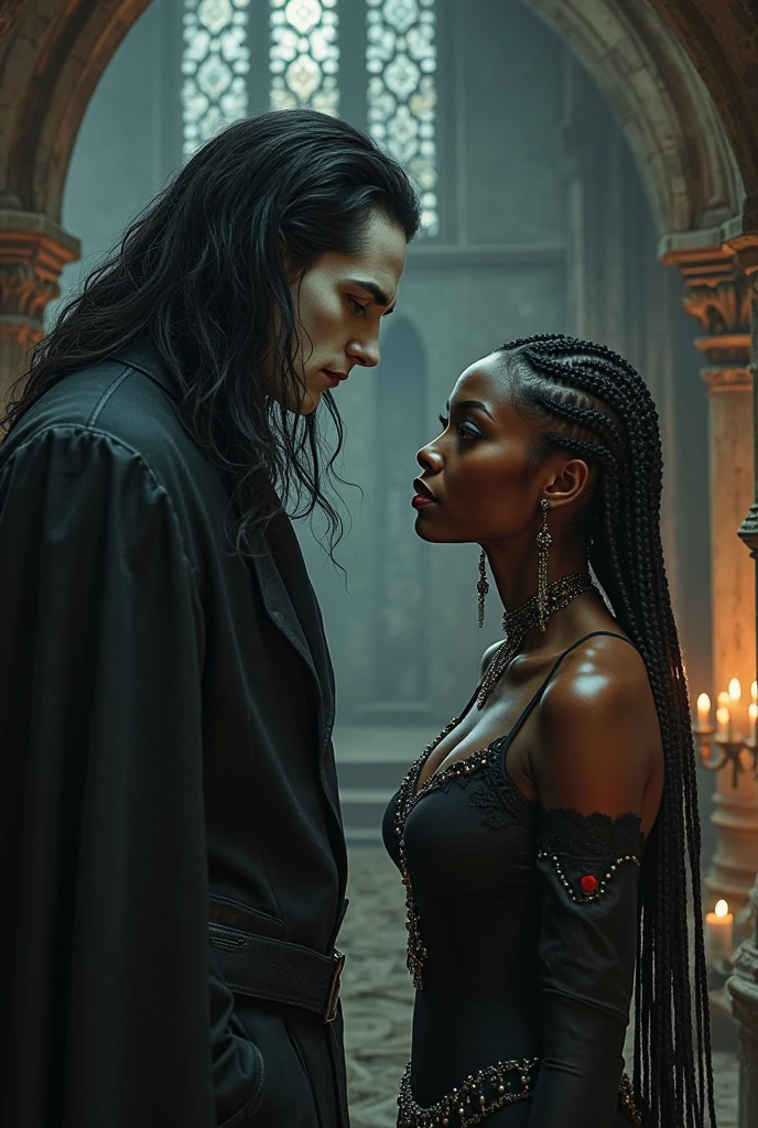 - Scene: Create an image of two people in love in a setting of mystery and passion.
- Woman's Appearance:
- Resembles Beyoncé
- Brown skin
- Long, golden blonde curly hair
- Confident and seductive expression
- Wearing a red dress, elegant and form-fitting
- Lips painted a deep, intense red
- Man's Appearance:
- Resembles Severus Snape
- Pale skin
- Large nose
- Black, straight hair falling around his face in a somber manner
- Serious and intense expression
- Wearing a black cloak, contrasting with the flames around them
- Atmosphere:
- Surrounded by flames, creating a mystical and fiery ambiance
- Soft lighting highlighting their faces, enhancing the sparkle in their eyes
- Flames adding an element of intensity and mystery to the scene
- They are close to each other, gazing intensely into each other's eyes, exuding a strong emotional connection