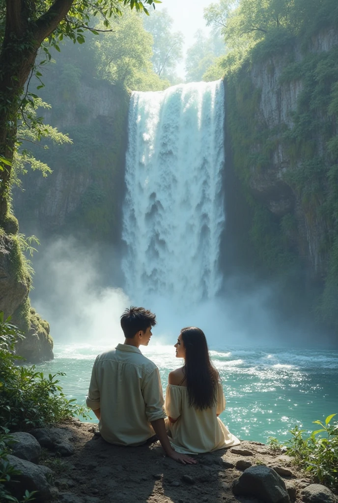 Create a picture of a couple Wearing clothes of a couple playing in the waterfall Hugging and showing love happily. Realistic images