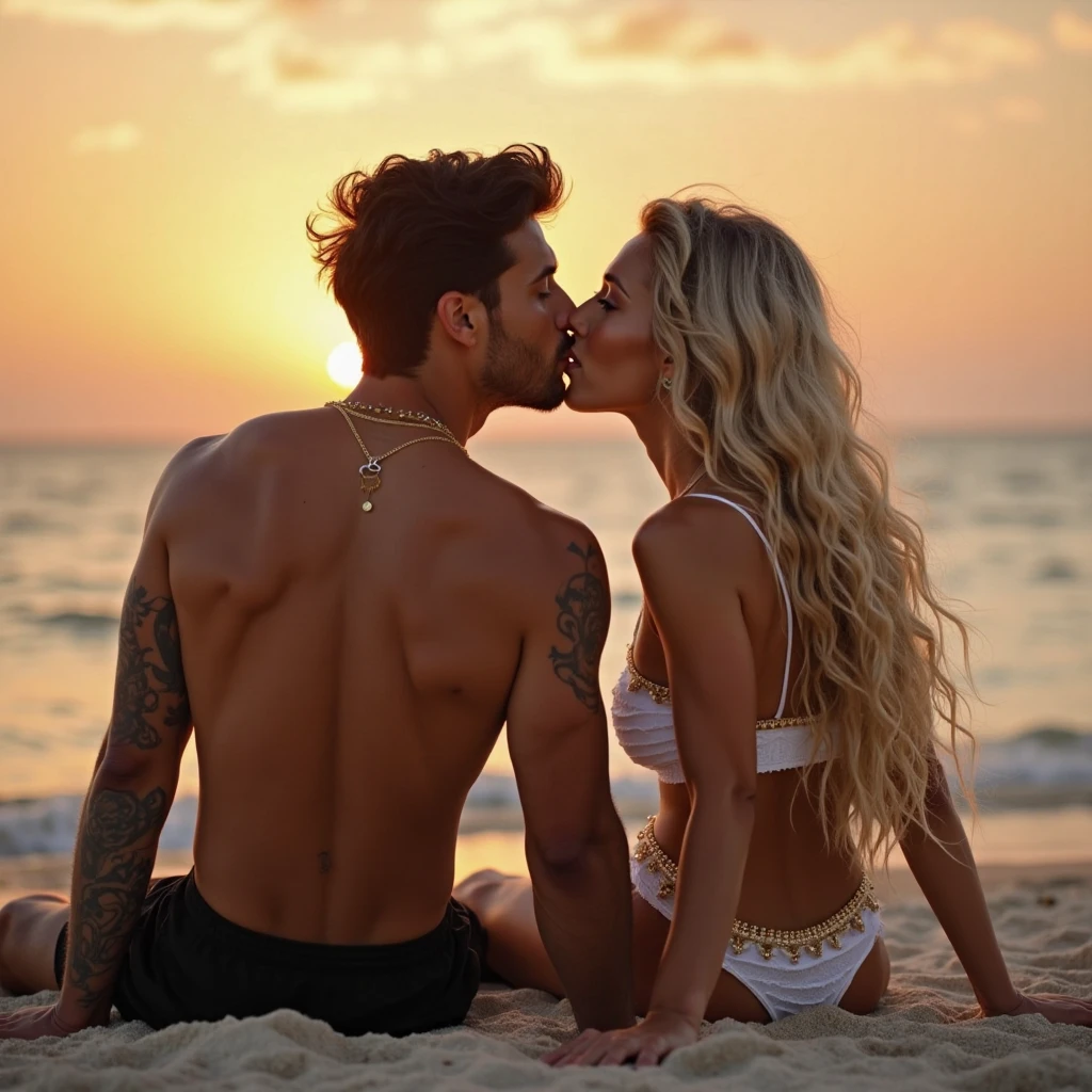 A woman with fox ears is sitting on the beach。Boyfriend hugs woman from behind、The speech bubble says、it&#39;s okay