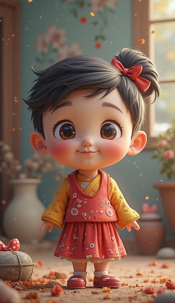 Scene of a little girl looking at the table, Digital cartoon art, granddaughter, Cartoon numbers, high quality portraits, Digital animated illustration, Lofi portrait, Inspired by Kim Chung Hee, 3d rendering senior artist, Inspired by Yao Tingmei, elegant digital art, Inspired by Ma Yuanyu,leaning toward realism,Spring Festival style,laughing out loud,Positive top light,soft light