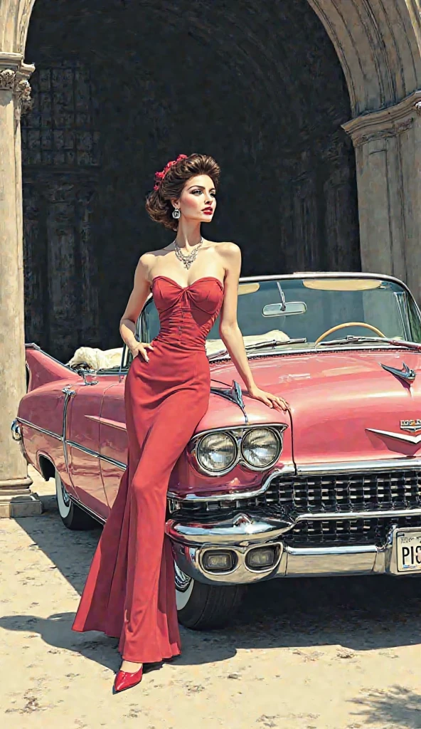 Eine frau (Eva Mendes) in a white dress leaning against a red automobile from the 1950s, das Kleid hat einen sehr tiefen Ausschnitt, the woman has a beautiful full bosom, seductive, Lustful smile on woman's face, Photorealistisch, 8K, hasselblad