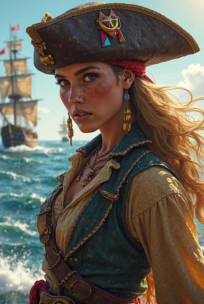 Dramatic lighting, Highest quality, film movie still, (Charming Anne Bonny, Dressed in dirty tattered pirate costumes, Stand on the deck of a pirate ship docked in a Caribbean port), grimy, Dark atmosphere, Toned body, (ripped clothing:0.8), Perfect face, view the viewer, (Detailed skin), [Tattoos], [freckle], ((Dirty)), (muddy), (dark cloude:0.7), (Stormy weather:0.5), Dull, Natural lighting, (direct light:0.4), 8mm film grain, photographed on a Sony a9 II, 24mm lens, f/2.8 aperture, Deep focus, (primitive), 8K, (Stills from《The Lost Pirate Kingdom》)