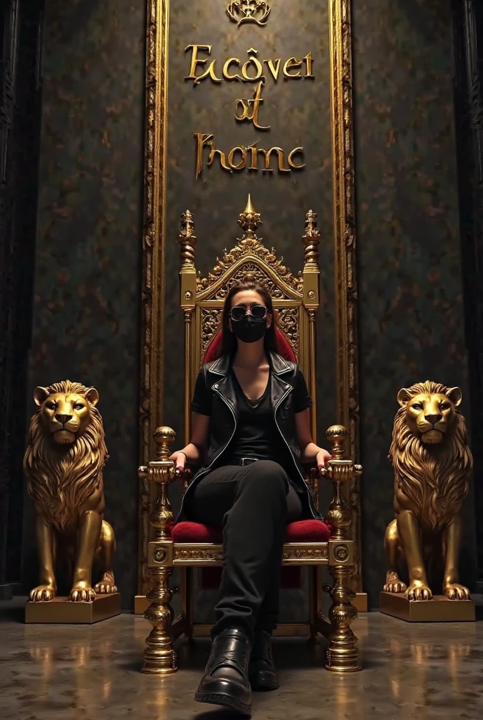 Create a realistic full body image where a woman wearing white luxury suit with black shirt, her hair is black and silky and sitting on sofa with wings with crown 👑, she's holding a 🍷 wine glass in her hand, there is smoke in background a shadow. In background the name "Bebo" bold and glowing, showing in bold reflection in shadows.