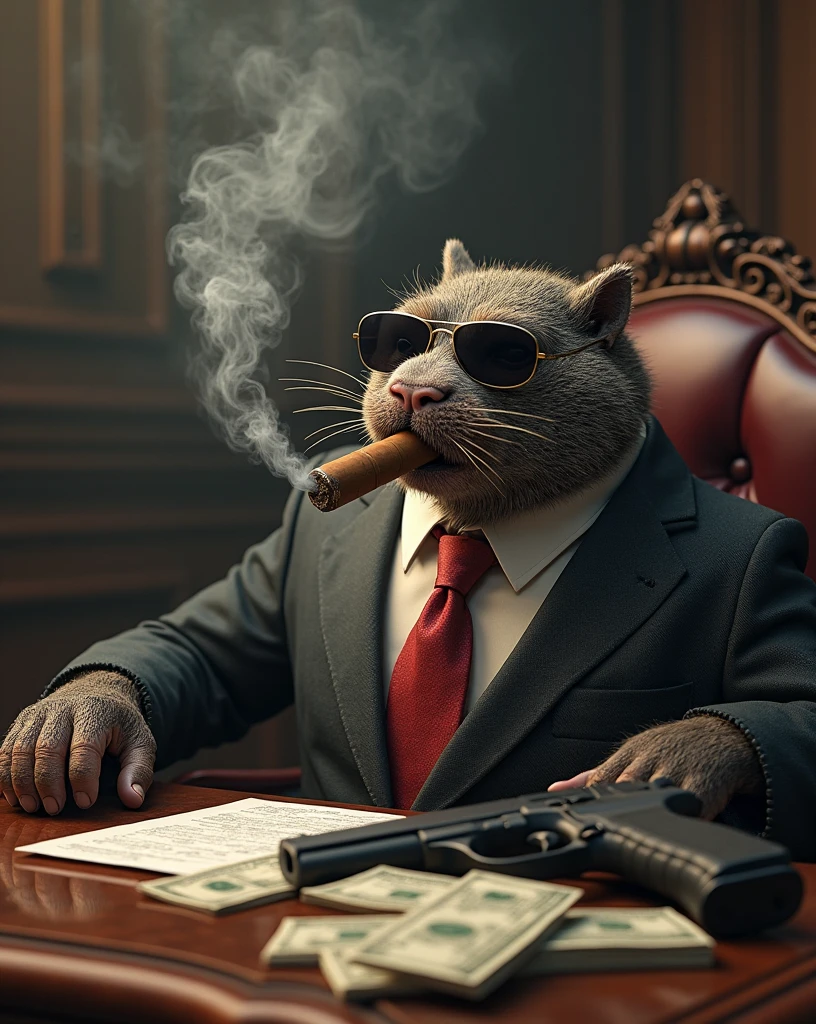 A mole, Looking confident and satisfied, showing human like greed, wearing a formal tie, and sunglasses, sitting on a antique mahogany desk, smoking a big smoky cigar, in mouth, stacks of of money, pistol on desk, paw on pistol, smoke-filled room, moody lighting, depth of field, detailed textures, (Masterpiece, high resolution), hyperrealism, 