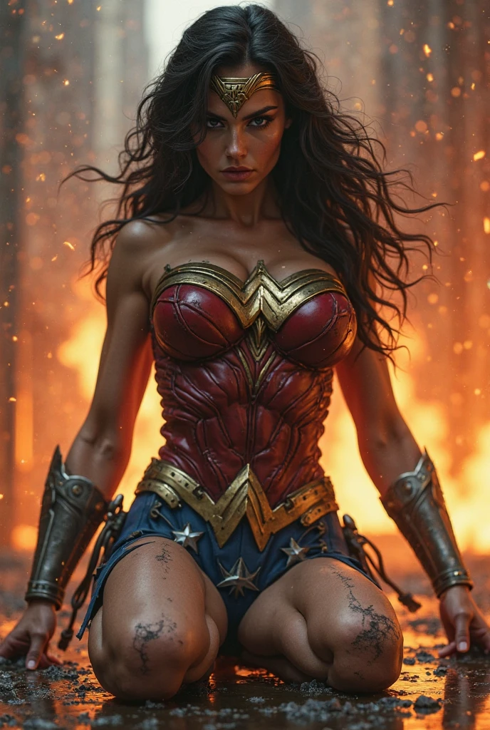 best quality,ultra-detailed,realistic) vibrant colors,comic book style,(studio lighting,sharp focus) female superhero in action,leaping into the air,powerful stance,with a golden lasso of truth,defending the innocent,brave and confident,(dazzling red lips,eyes full of determination),flying through a dynamic cityscape,with towering skyscrapers and bustling streets, futuristic technology,explosions and chaos,a symbol of strength and justice,inspiring hope and courage. ((A Red hair , green eyes classic 70 outfit (biker jacket) Wonder Woman) () (