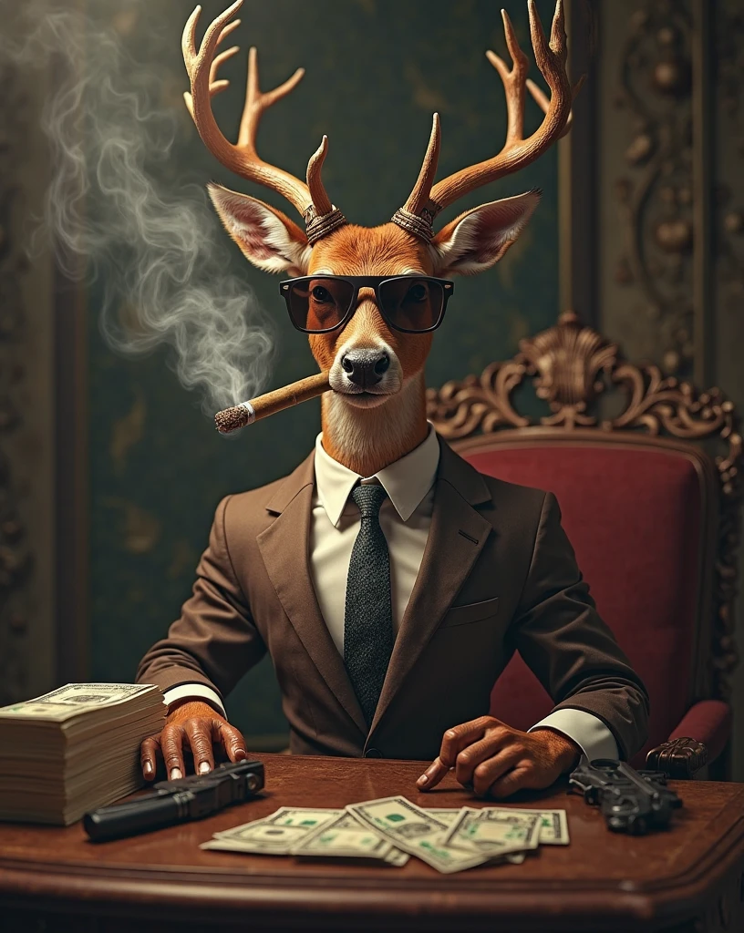 A red deer, Looking confident and satisfied, showing human like greed, wearing a formal tie, and sunglasses, sitting on a antique mahogany desk, smoking a big smoky cigar, in mouth, stacks of of money, pistol on desk, paw on pistol, smoke-filled room, moody lighting, depth of field, detailed textures, (Masterpiece, high resolution), hyperrealism, 