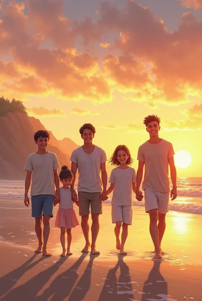 A family of four is walking along the beach on a sunny day. They are all facing away from the camera, and the sun is setting behind them, creating a golden glow. The mom and dad are holding hands with their two children, and the family is smiling and laughing. The photo is a beautiful representation of a happy and loving family.