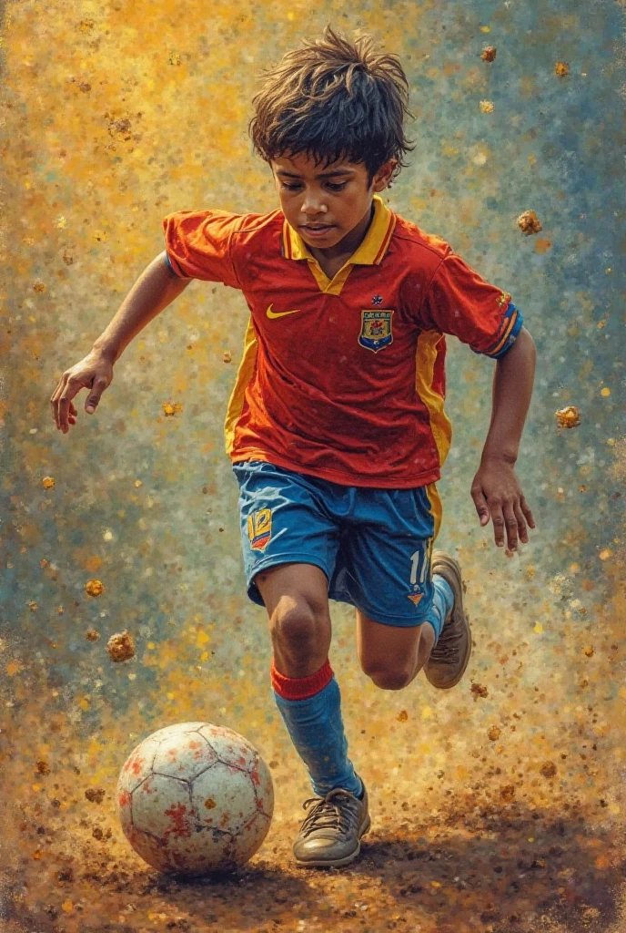 Draw a picture of a very athletic boy, he seems to have been playing football, he is in a schoolyard, the image is very colorful, but colored in a completely meaningless way, but the soccer ball is completely colorless