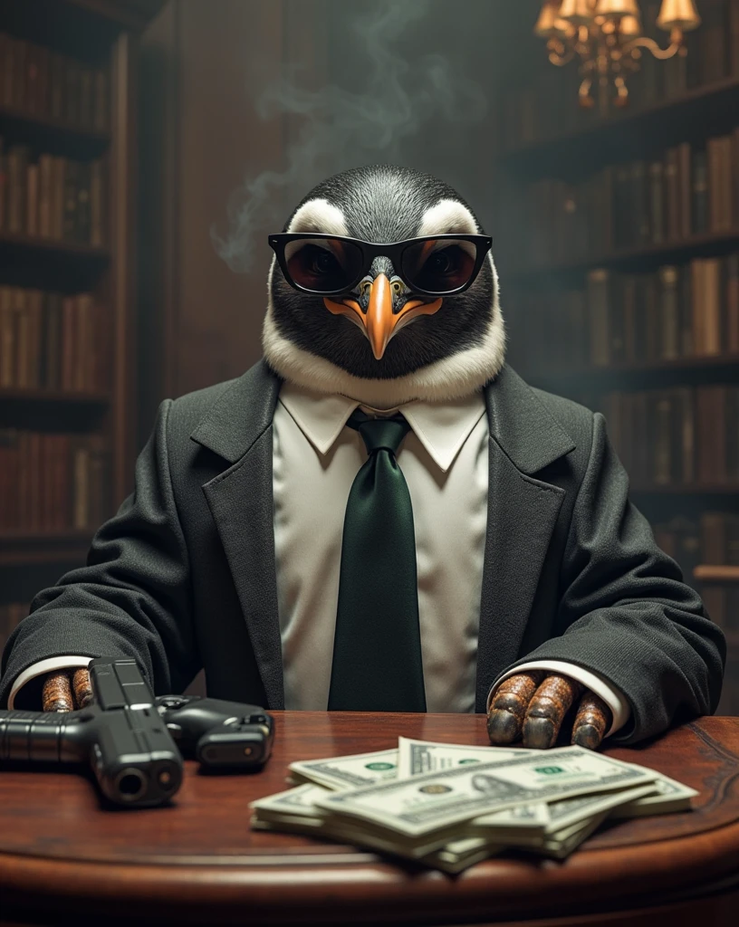 A King Penguin, Looking confident and satisfied, showing human like greed, wearing a formal tie, and sunglasses, sitting on a antique mahogany desk, stacks of of money, pistol on desk, paw on pistol, smoke-filled room, moody lighting, depth of field, detailed textures, (Masterpiece, high resolution), hyperrealism, 