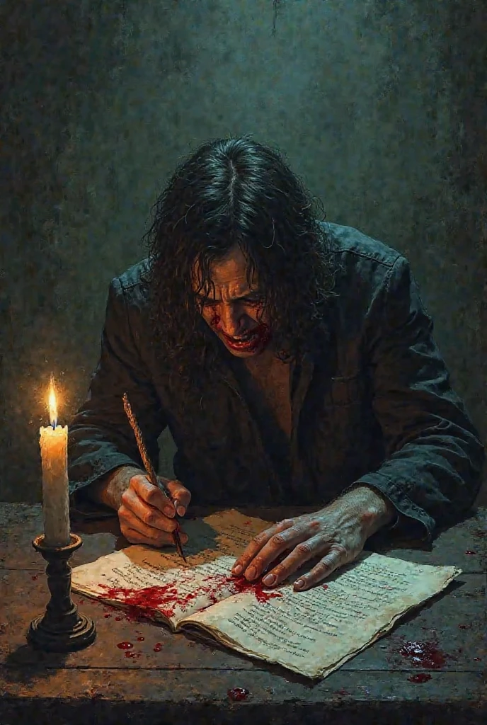 Drawing for a graphic novel by Elías Delgado from the novel Satan by Mario Mendoza, a 45 year old man with hair. Elias's diary closed on the bench, with a blood stain on the cover