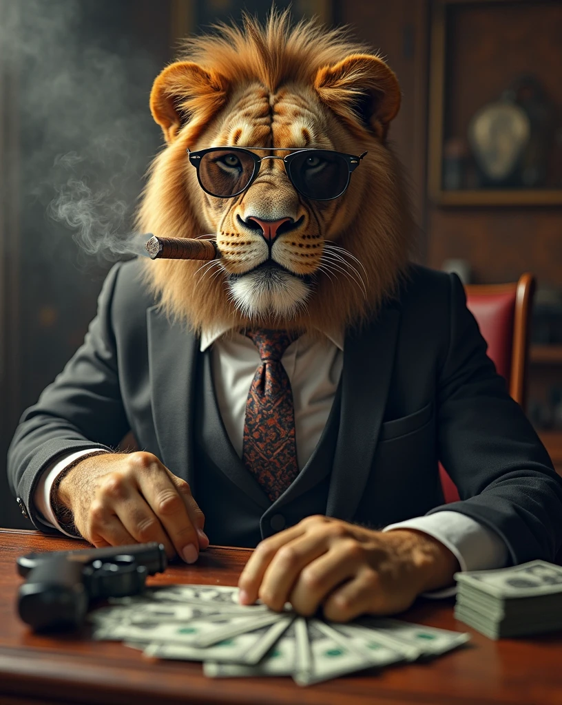 A male lion, Looking confident and satisfied, showing human like greed, wearing a formal tie, and sunglasses, sitting on a antique mahogany desk, smoking a big smoky cigar, in mouth, stacks of of money, pistol on desk, paw on pistol, smoke-filled room, moody lighting, depth of field, detailed textures, (Masterpiece, high resolution), hyperrealism, 