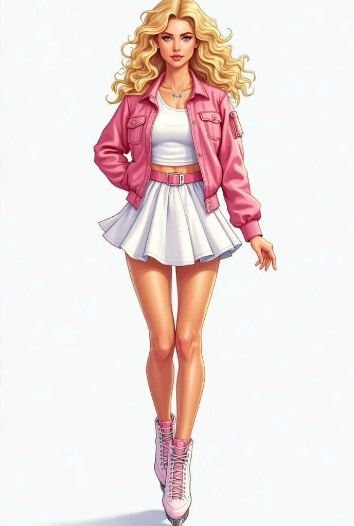 cowboy shot, Princess Peach, 1980s \(style\), 1girl, blonde hair, retro artstyle, short hair, solo, pink jumper suit, unbutton_shirt, (medium_breasts:1.2), medium_breasts, cleavage, full body shot, model pose, shoes visible, ass view, face view