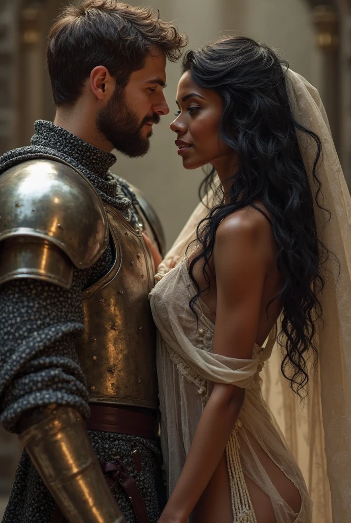 epic realistic, (best quality, masterpiece), Black princess woman with culy black hair, dancing with her young European boyfriend who has white hair, medieval, fantasy, cinematic, perfect composition