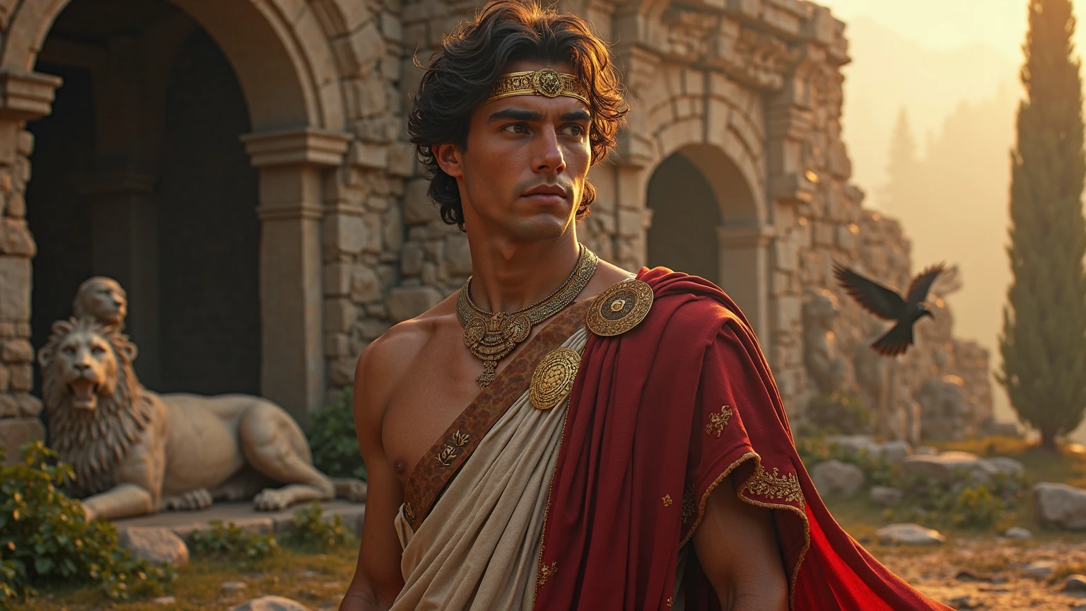 Front view , Full-body looking at viewer, sole, Antonius standing in an ancient Roman palace, standing pose, a male is 41 years old, handsome,( wave perm , brown hair , serious), normal body, ((An ancient Roman emperor wearing traditional imperial attire, Including a toga praetexta with blue borders, Laurel wreath)), And other royal accessories, Standing in a grand ,(Textured skin , HI Detail Skin, (Shorthand, Canon, 8k, Anatomically correct, Super Detail, Attention to detail, Your Highness)