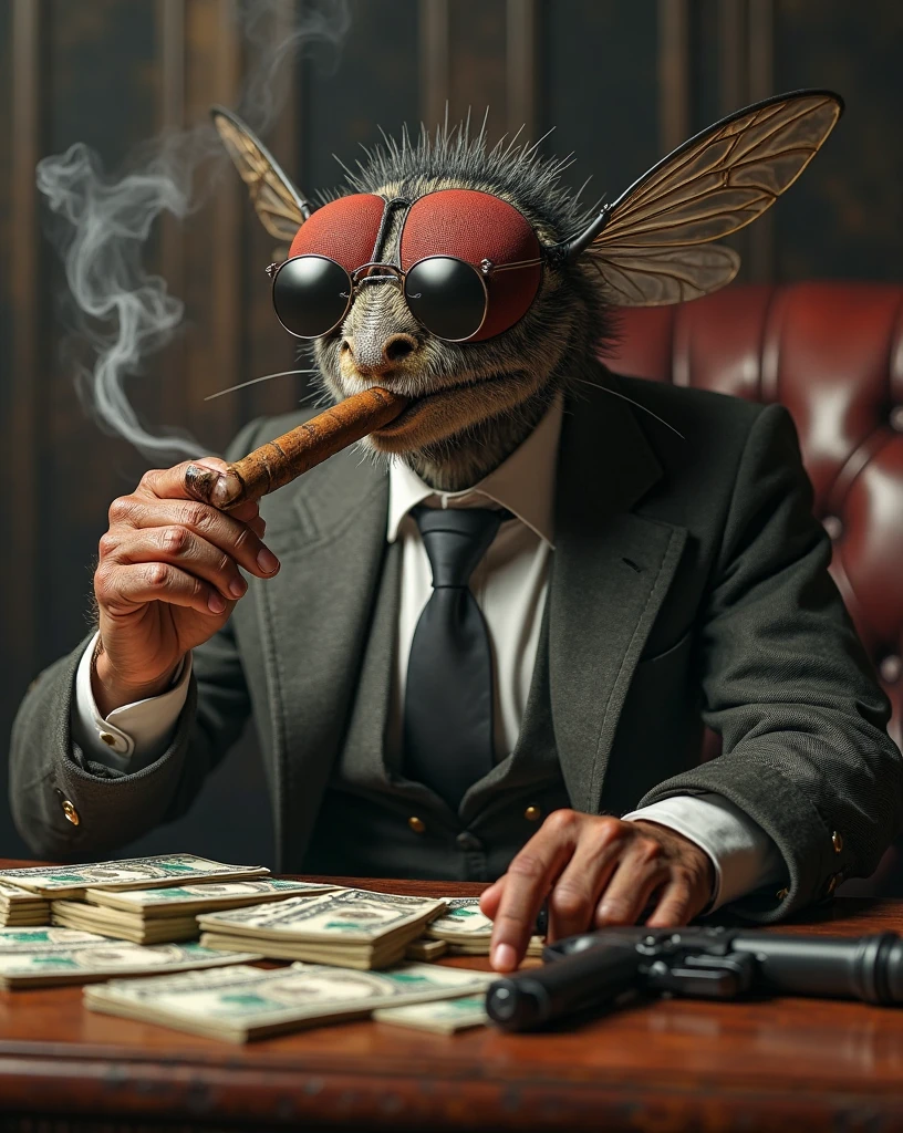 A dung fly, Looking confident and satisfied, showing human like greed, wearing a formal tie, and sunglasses, sitting on a antique mahogany desk, smoking a big smoky cigar, in mouth, stacks of of money, pistol on desk, paw on pistol, smoke-filled room, moody lighting, depth of field, detailed textures, (Masterpiece, high resolution), hyperrealism, 