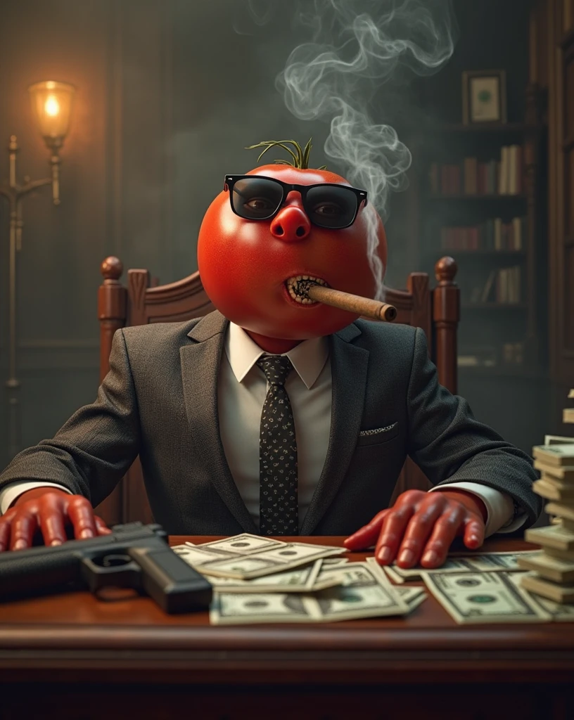 A tomato, Looking confident and satisfied, showing human like greed, wearing a formal tie, and sunglasses, sitting on a antique mahogany desk, smoking a big smoky cigar, in mouth, stacks of of money, pistol on desk, paw on pistol, smoke-filled room, moody lighting, depth of field, detailed textures, (Masterpiece, high resolution), hyperrealism, 