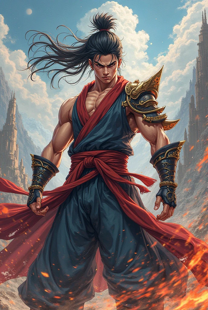 best quality,masterpiece,highly detailed,ultra-detailed,
<lora:neg4all_bdsqlsz_V3.5:-1> <lora:HKmanga:1> hkmanga, male focus, 1boy, solo, weapon, black hair, muscular, looking at viewer,fighting stance, cape,