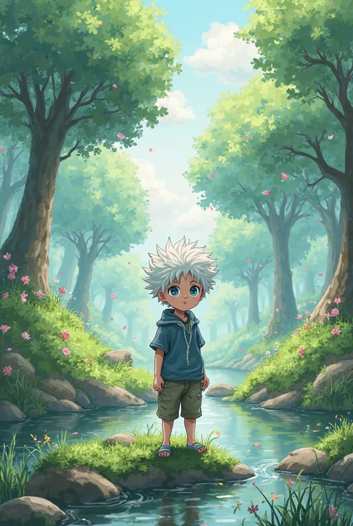 Manga character, boy with white hair without a shirt and with pants up to his shins, bare feet, a backpack on the side