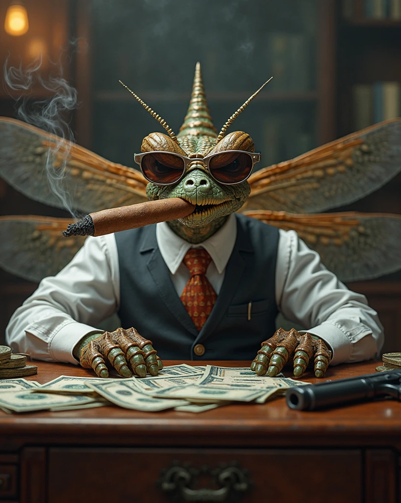 A dragonfly, Looking confident and satisfied, showing human like greed, wearing a formal tie, and sunglasses, sitting on a antique mahogany desk, smoking a big smoky cigar, in mouth, stacks of of money, pistol on desk, paw on pistol, smoke-filled room, moody lighting, depth of field, detailed textures, (Masterpiece, high resolution), hyperrealism, 