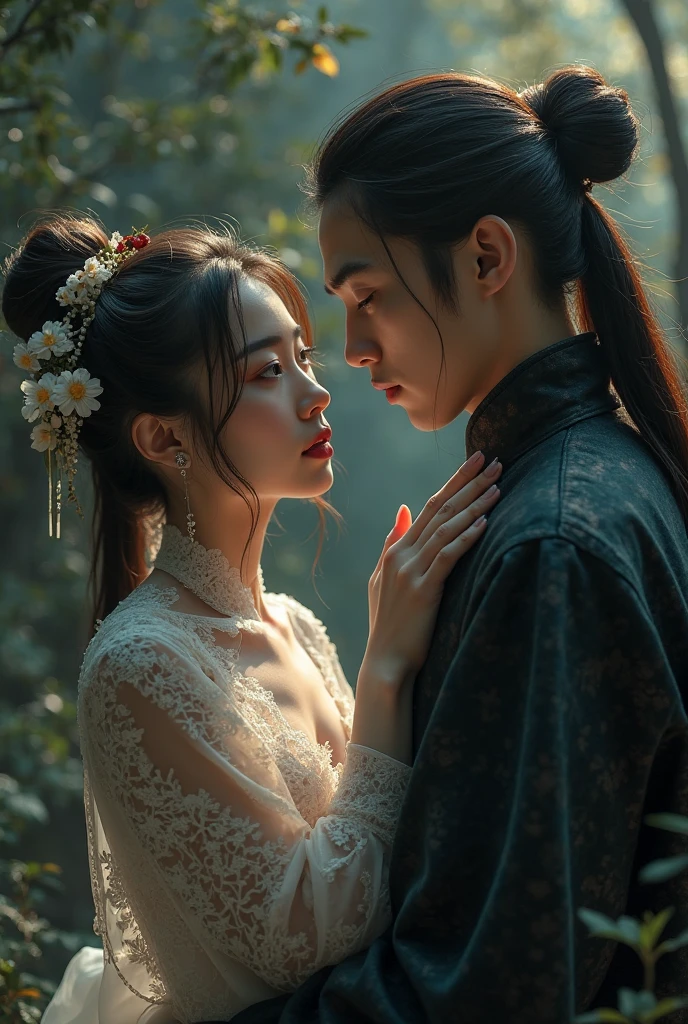 Man and woman in tulle hanfu, woman holding sword against man, black hair, short ponytail, onyx colored eyeballs, texture detail, glowing skin, sun, spinning feather sword, motion blur background, backlight, 8k, super detail, masterpiece, best quality
