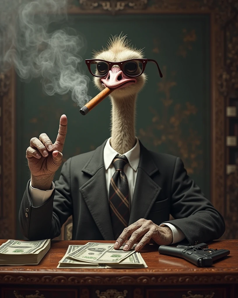 A ostrich, Looking confident and satisfied, showing human like greed, wearing a formal tie, and sunglasses, sitting on a antique mahogany desk, smoking a big smoky cigar, in mouth, stacks of of money, pistol on desk, paw on pistol, smoke-filled room, moody lighting, depth of field, detailed textures, (Masterpiece, high resolution), hyperrealism, 