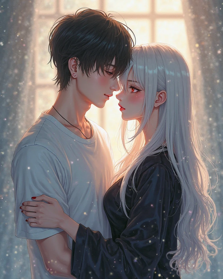Black haired boy in love with white haired girl with grey eyes