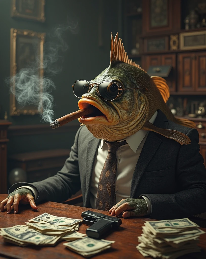 A fish Looking confident and satisfied, showing human like greed, wearing a formal tie, and sunglasses, sitting on a antique mahogany desk, smoking a big smoky cigar, in mouth, stacks of of money, pistol on desk, paw on pistol, smoke-filled room, moody lighting, depth of field, detailed textures, (Masterpiece, high resolution), hyperrealism, 
