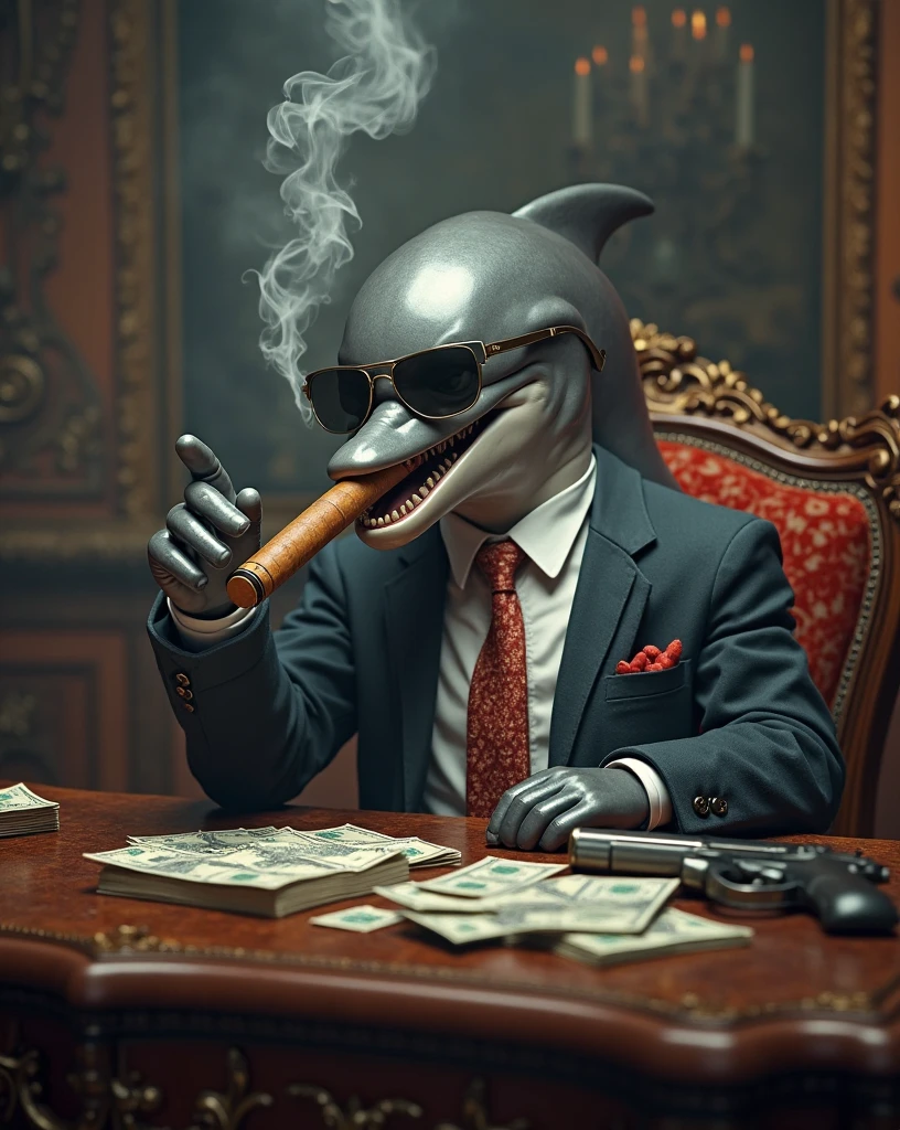 A dolphin Looking confident and satisfied, showing human like greed, wearing a formal tie, and sunglasses, sitting on a antique mahogany desk, smoking a big smoky cigar, in mouth, stacks of of money, pistol on desk, paw on pistol, smoke-filled room, moody lighting, depth of field, detailed textures, (Masterpiece, high resolution), hyperrealism, 