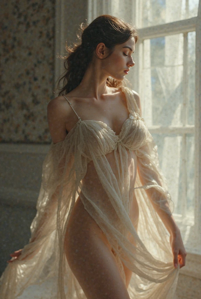 Sophia Lillis, plump body, long braided hair, Druid room, fantasy picture, sheer clothes, illuminated subject