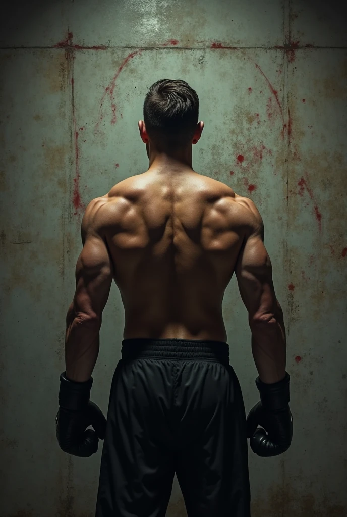 Describe a young Indonesian man, slightly built, 170cm tall, in a photo studio room with an aesthetic wall backdrop and facing away from the camera, wearing a shirt, Full boxing pants with boxing gloves and boxing robe. Realistic photo, 8k, HDR